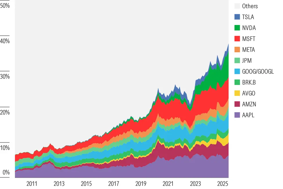 نموداری که درصد سهم هر یک از ۱۰ شرکت بزرگ برتر از کل ارزش بازار را نشان میدهد.