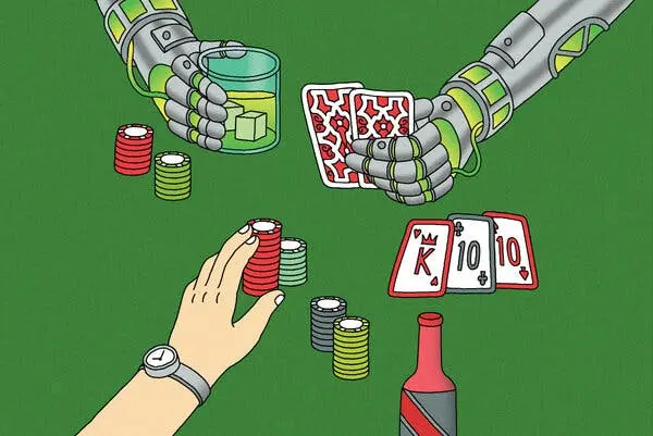 تصویری از شخصی که در یک بازی کارتی مقابل دستهای رباتیک شرطبندی میکند.