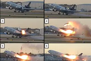 این عکس ترکیبی که توسط هیئت ملی ایمنی حمل‌ونقل (NTSB) از طریق UPS ارائه شده است، دنباله‌ای از فریم‌گیری‌ها از ویدئویی را نشان می‌دهد که در آن موتور سمت چپ هواپیما هنگام برخاستن در فرودگاه بین‌المللی لوئیزویل در لوئیزویل، ۴ نوامبر ۲۰۲۵، جدا می‌شود. (UPS/NTSB از طریق AP)