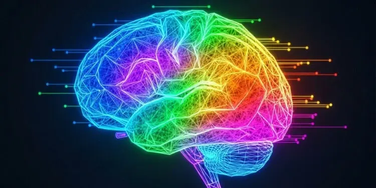 تصویرسازی دیجیتال رنگی از مغز انسان با خطوط وایرفریم نئونی، نمایانگر علوم اعصاب، روانشناسی و تحقیقات مغز. ایدهآل برای اخبار روانشناسی، سلامت مغز و مقالات علوم شناختی.