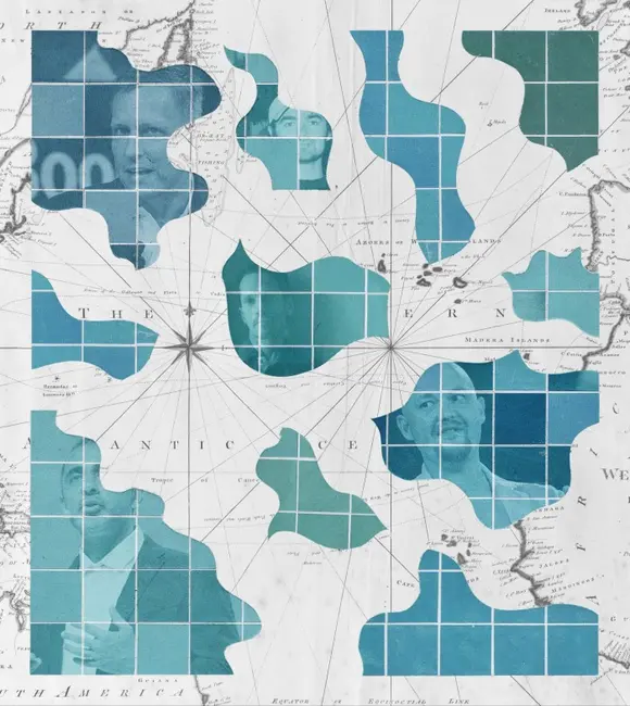 کلاژی که تصاویر پرتره تکهتکه را روی یک نقشه دریایی قدیمی قرار داده