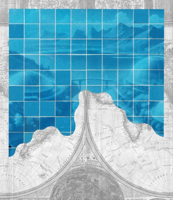 کلاژی که منظره شبکهای آبی را روی یک نقشه جهانی باستانی قرار داده.