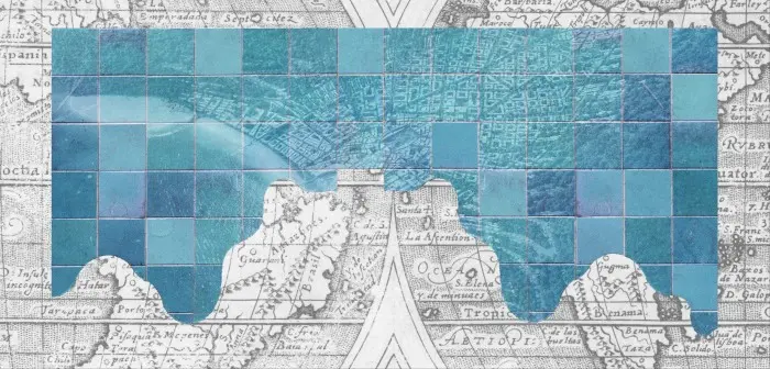 کلاژی که تصویر هوایی شبکهای آبی را روی یک نقشه باستانی قرار داده.