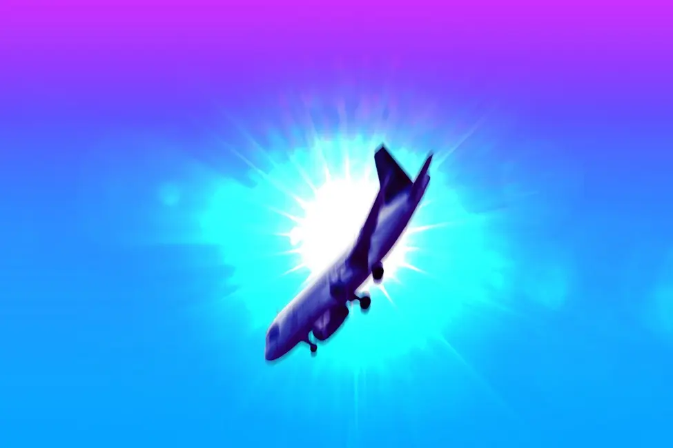 عذرخواهی از مدیر هنری ما، که باید هواپیمایی را تصویر کند که پس از برخورد با اشعههای کیهانی سقوط میکند؛ چیزی که واقعاً رخ داده است.