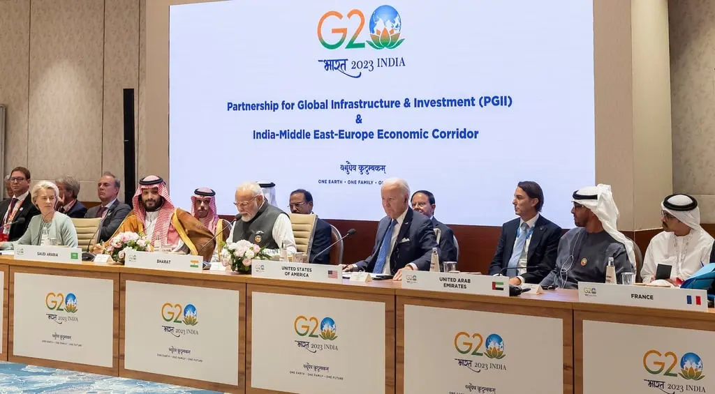 رهبران جهان در حاشیهٔ نشست IMEC در جریان اجلاس G20 در ۹ سپتامبر ۲۰۲۳ شرکت کردند. عکس: دادگاه ریاست‌جمهوری/EPA‑EFE