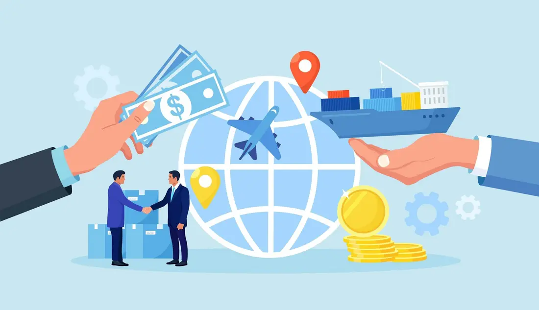 تصویر گرافیکی از کرهٔ زمین، دو دست که کشتی‌ای را نگه داشته‌اند و پول