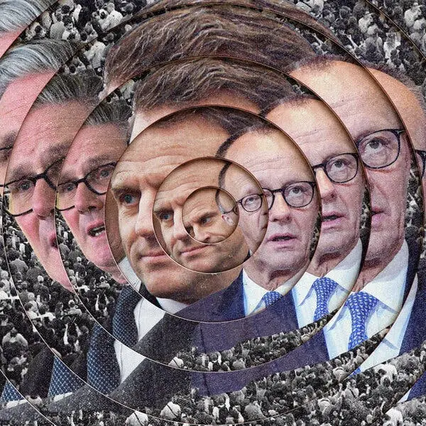 تصویری که چهره‌های کیر استارمر، امانوئل مکون و فریدریچ مرز را تحت تأثیر دایره‌های توپی مخدوش می‌کند.