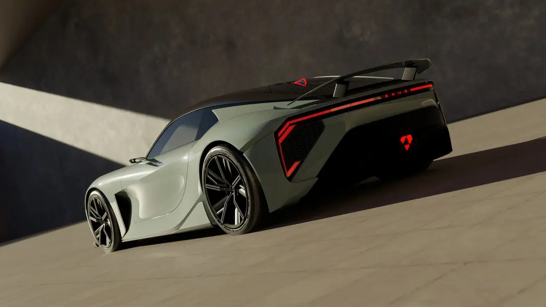 خودروی اسپرت لکسس خوشخط به رنگ خاکستری روشن با سقف مشکی، اسپویلر عقب و چراغهای پشت قرمز متمایز که بر روی سطحی صاف قرار دارد.